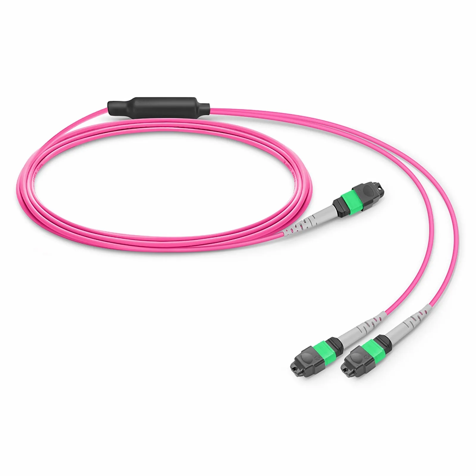 OM4 16芯MTP®-16 APC（母头）转2xMTP®-8 UPC（母头）多模转换跳线，Plenum（OFNP），极性B，橘红色