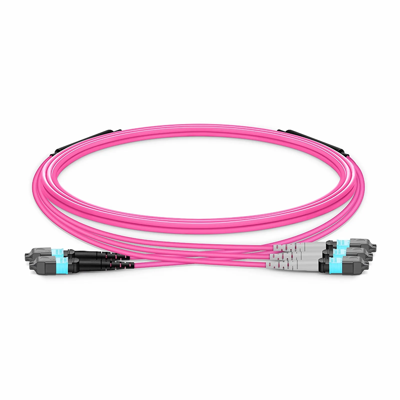 OM4 24芯 2x MTP®-12 UPC（公头）转3x MTP®-8 UPC（母头）多模转换跳线, Plenum (OFNP), 极性A，橘红色